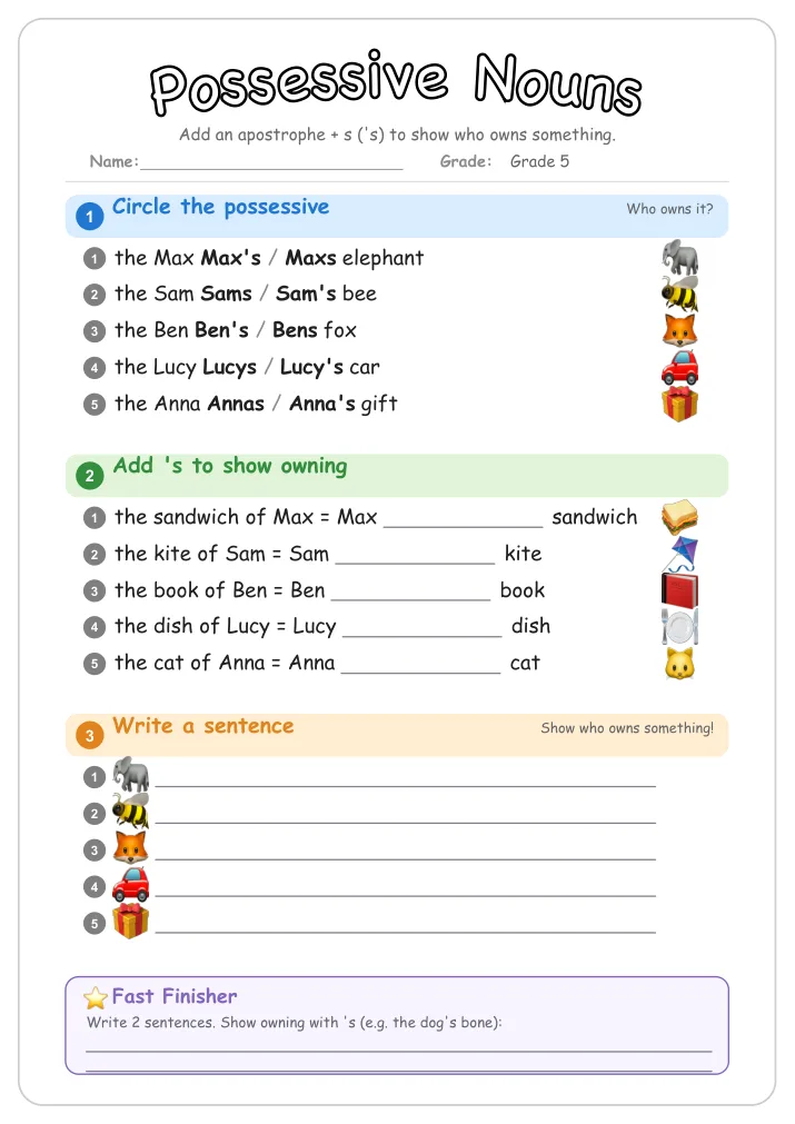 Possessive Nouns grammar worksheet for Grade 5