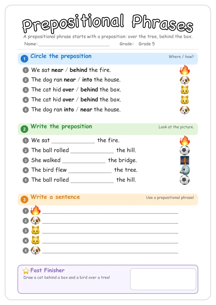 Prepositional Phrases grammar worksheet for Grade 5