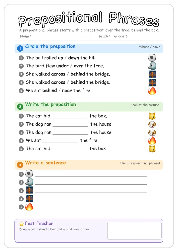 Prepositional Phrases grammar worksheet for Grade 5
