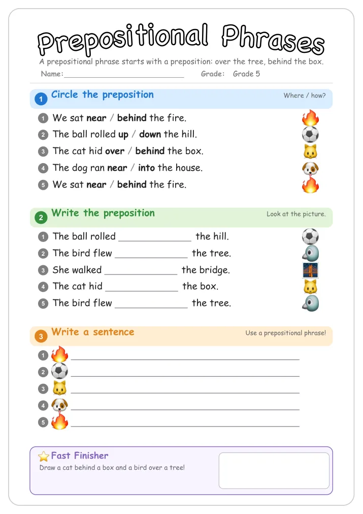 Prepositional Phrases grammar worksheet for Grade 5