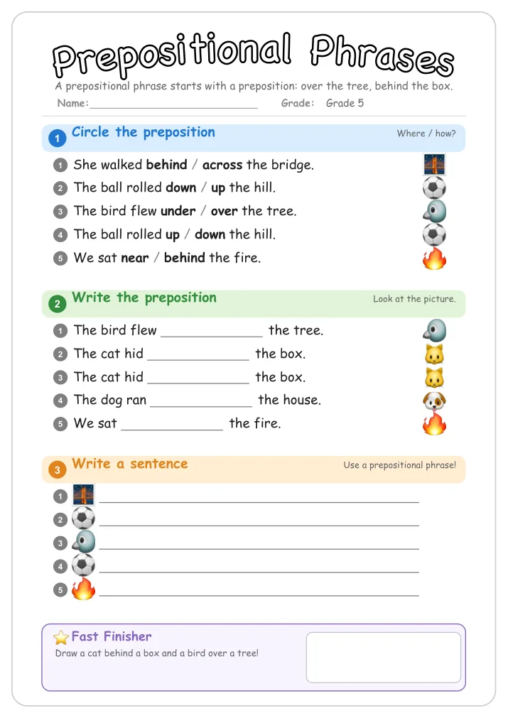 Prepositional Phrases grammar worksheet for Grade 5