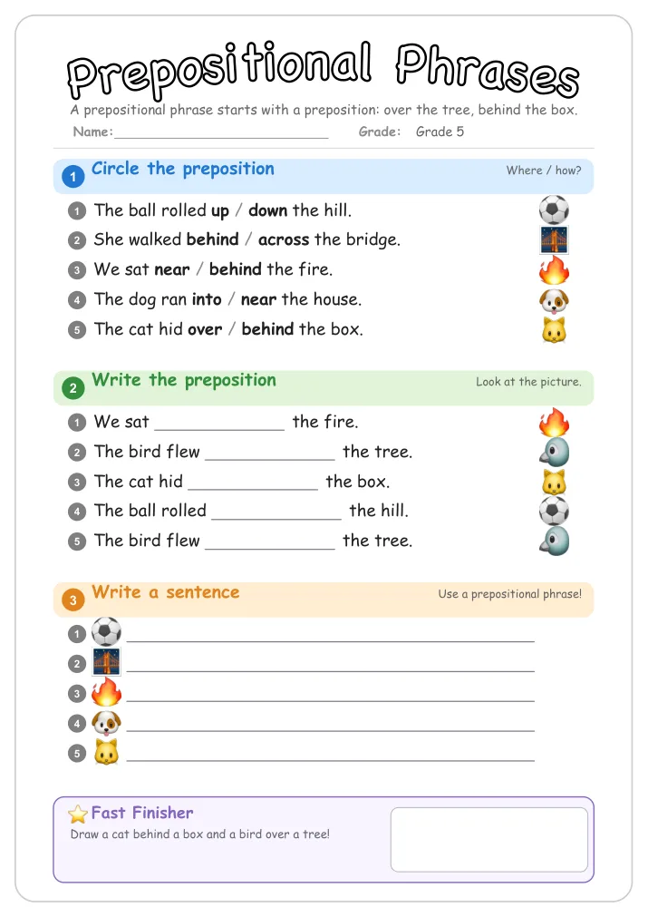 Prepositional Phrases grammar worksheet for Grade 5