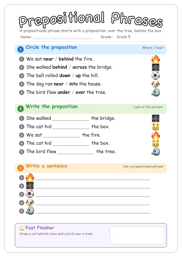Prepositional Phrases grammar worksheet for Grade 5