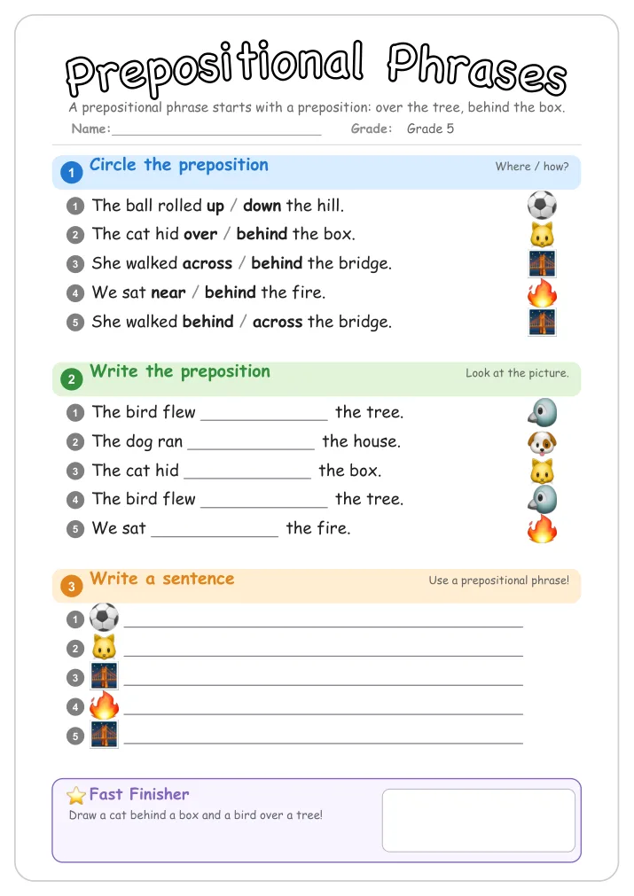 Prepositional Phrases grammar worksheet for Grade 5