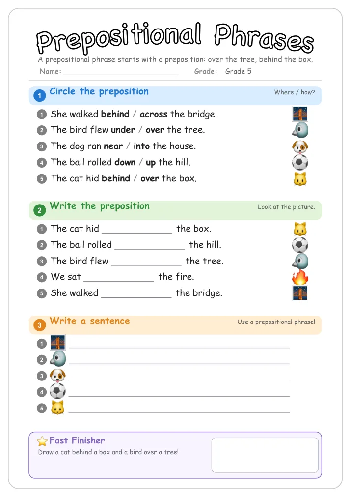 Prepositional Phrases grammar worksheet for Grade 5