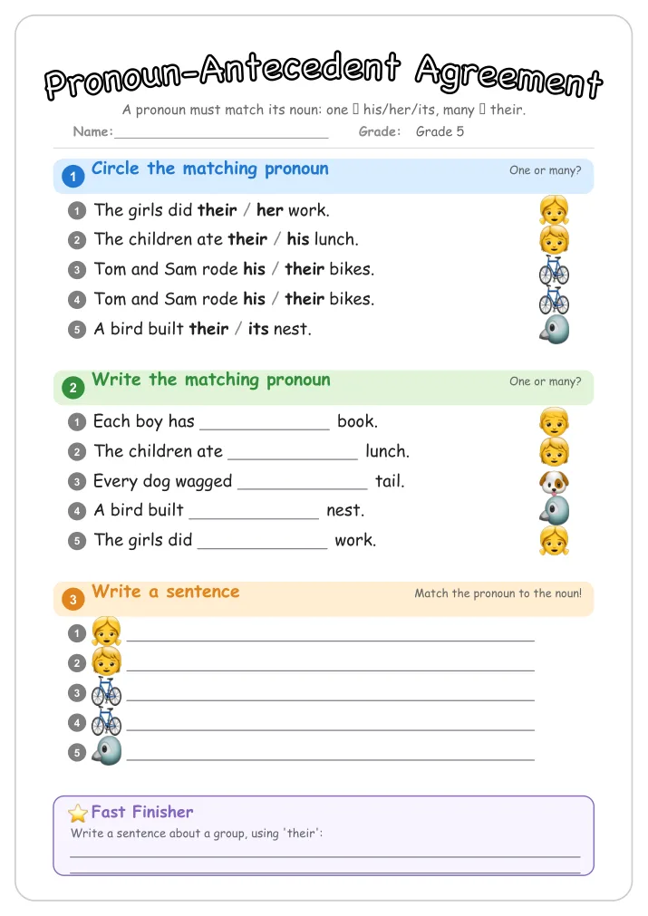 Pronoun-Antecedent Agreement grammar worksheet for Grade 5