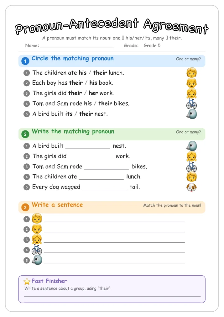 Pronoun-Antecedent Agreement grammar worksheet for Grade 5
