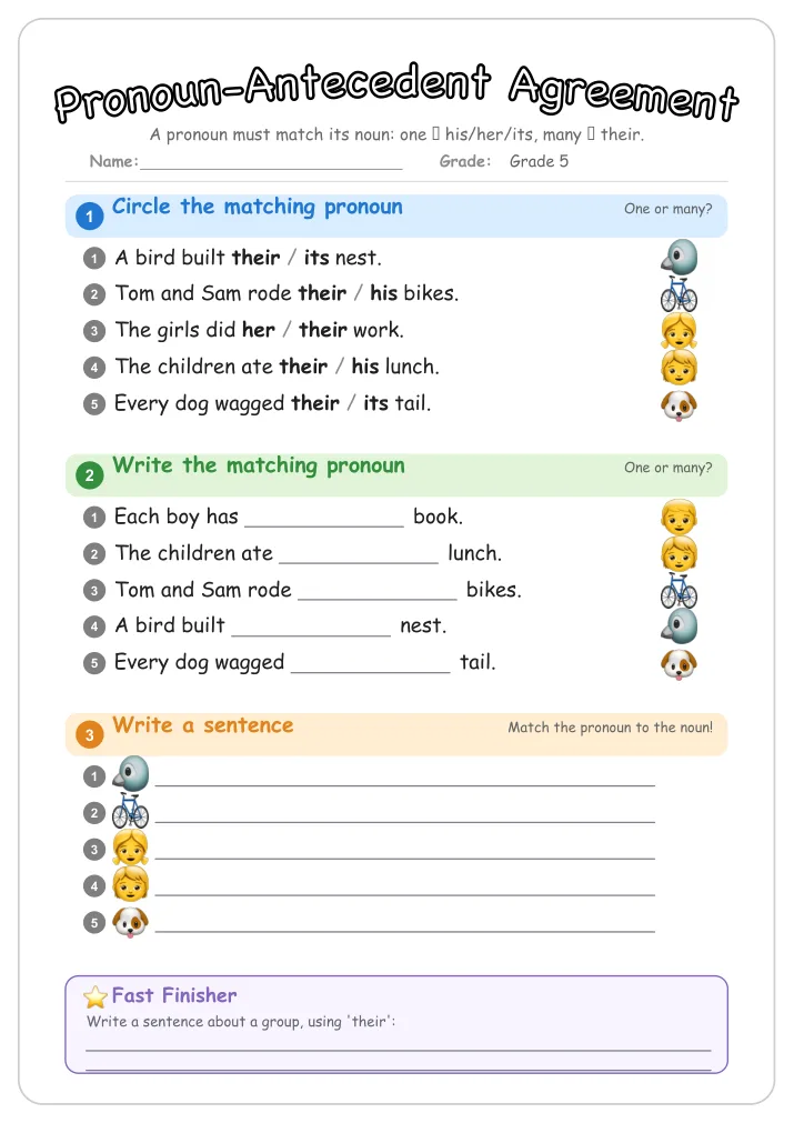 Pronoun-Antecedent Agreement grammar worksheet for Grade 5