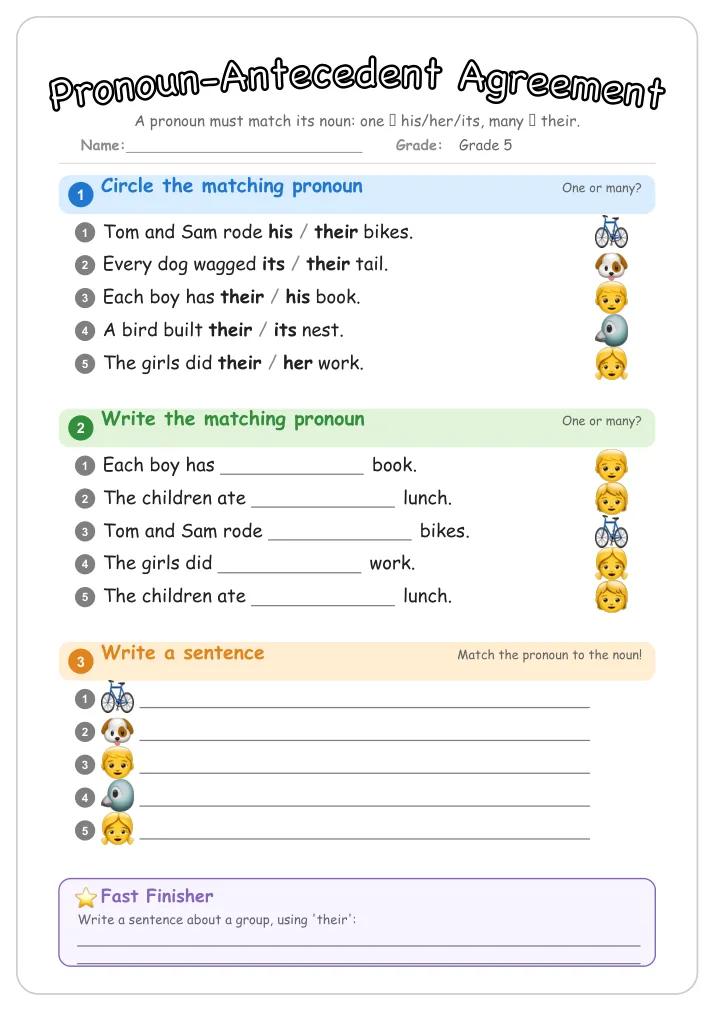 Pronoun-Antecedent Agreement grammar worksheet for Grade 5