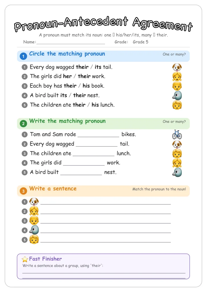 Pronoun-Antecedent Agreement grammar worksheet for Grade 5