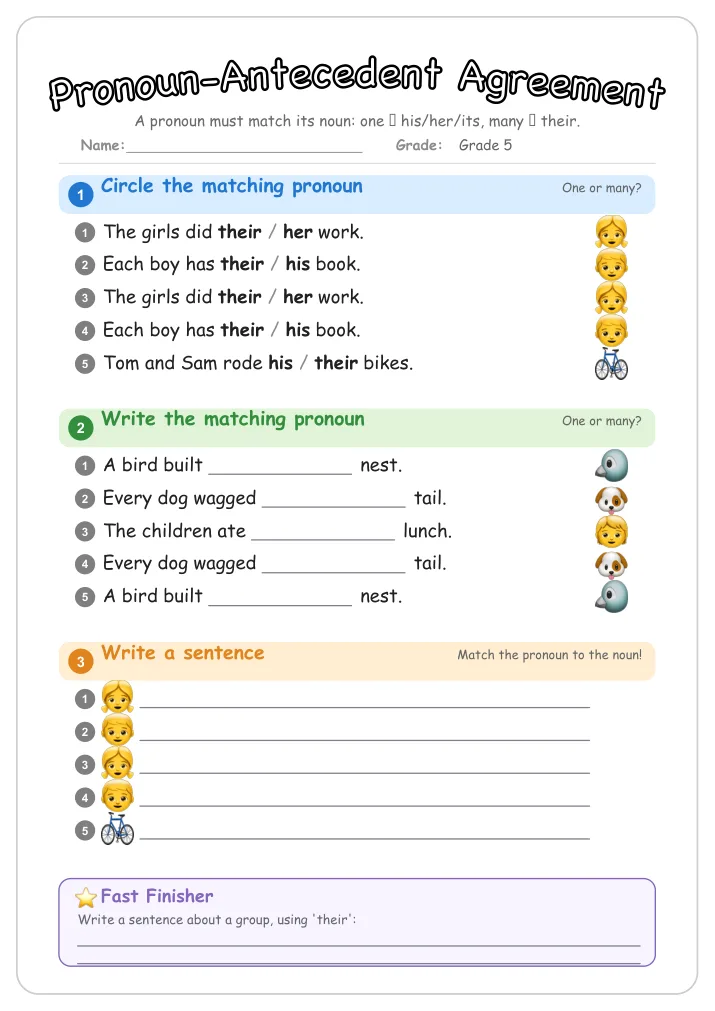Pronoun-Antecedent Agreement grammar worksheet for Grade 5