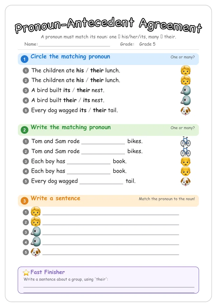 Pronoun-Antecedent Agreement grammar worksheet for Grade 5
