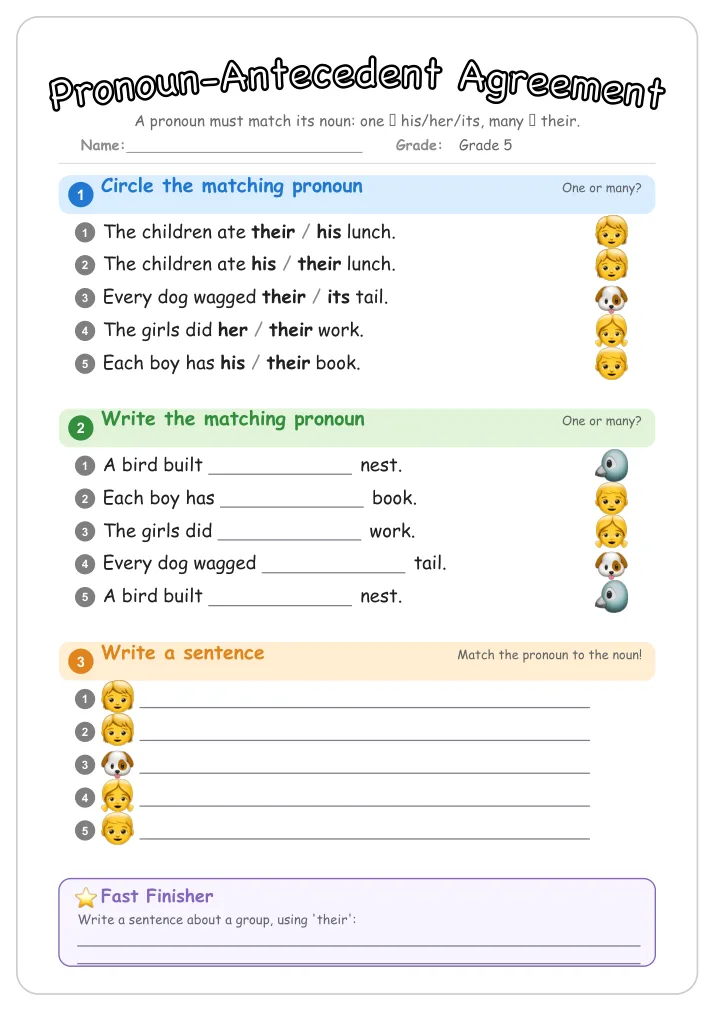 Pronoun-Antecedent Agreement grammar worksheet for Grade 5