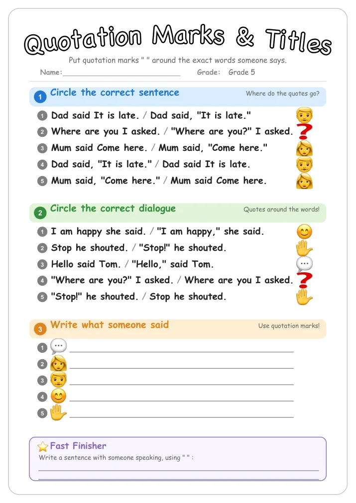Quotation Marks & Titles grammar worksheet for Grade 5