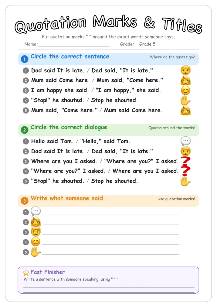 Quotation Marks & Titles grammar worksheet for Grade 5