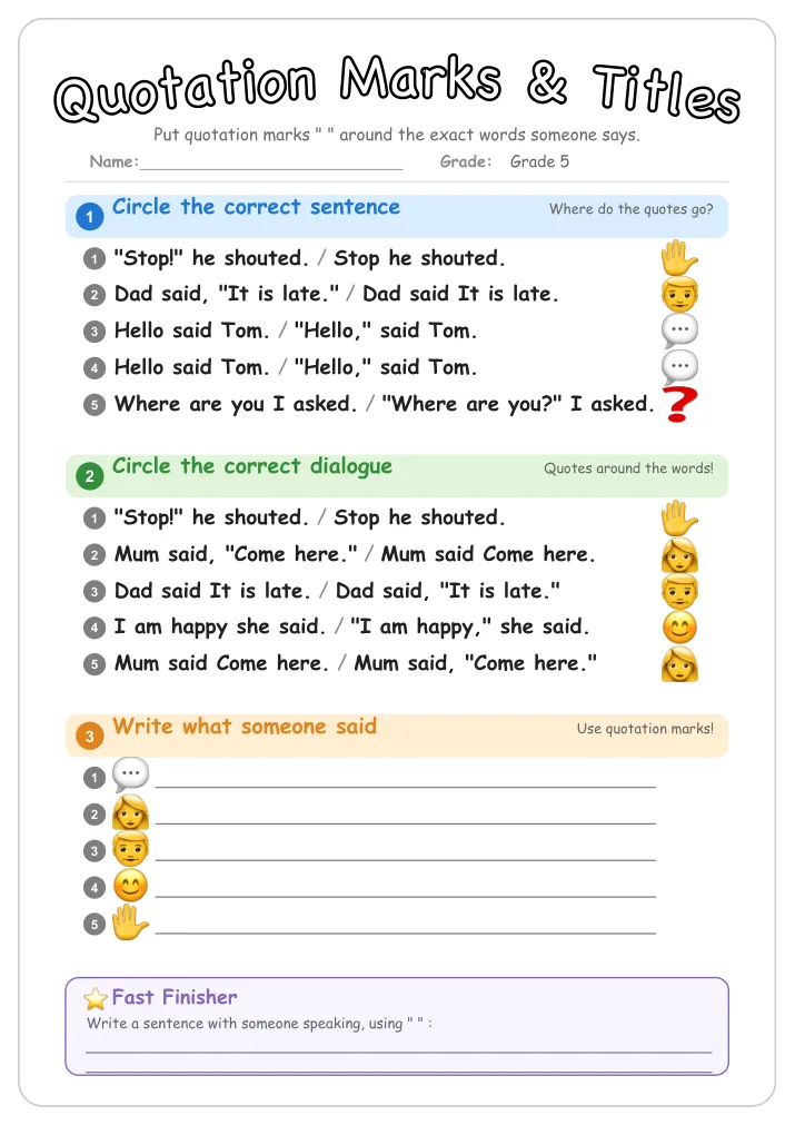 Quotation Marks & Titles grammar worksheet for Grade 5