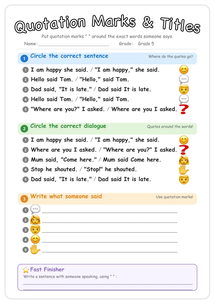 Quotation Marks & Titles grammar worksheet for Grade 5
