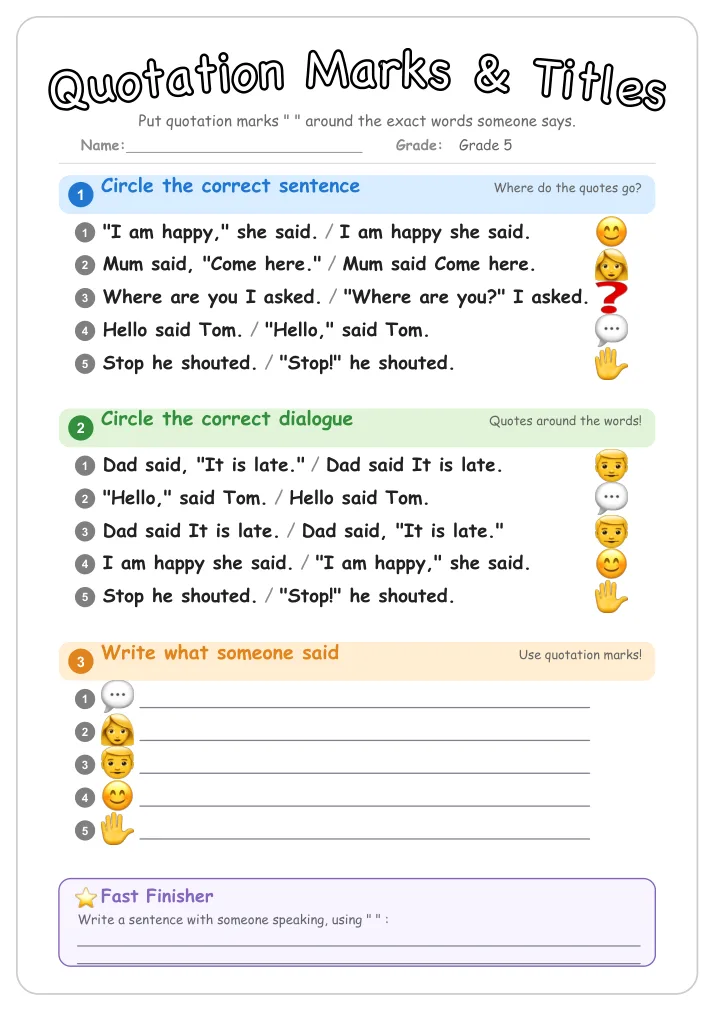 Quotation Marks & Titles grammar worksheet for Grade 5