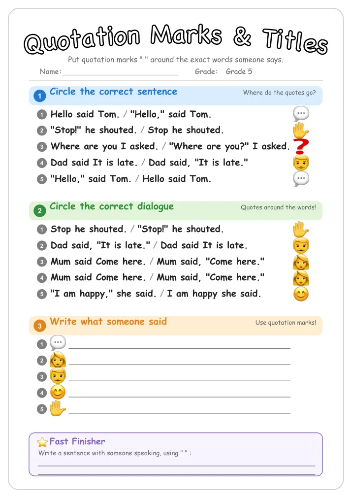 Quotation Marks & Titles grammar worksheet for Grade 5