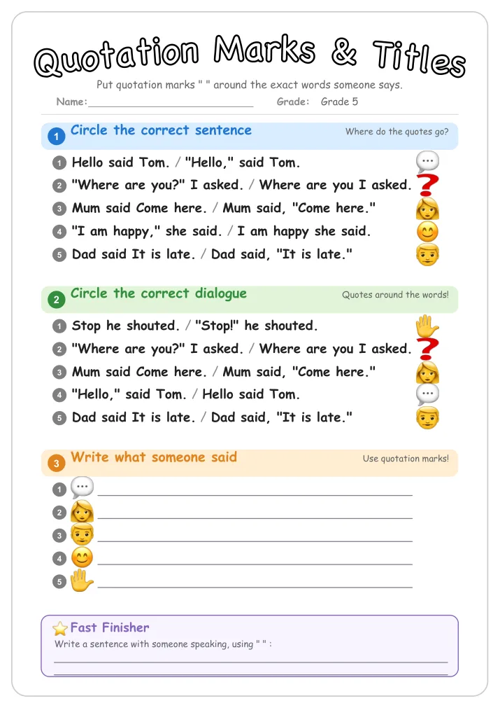 Quotation Marks & Titles grammar worksheet for Grade 5