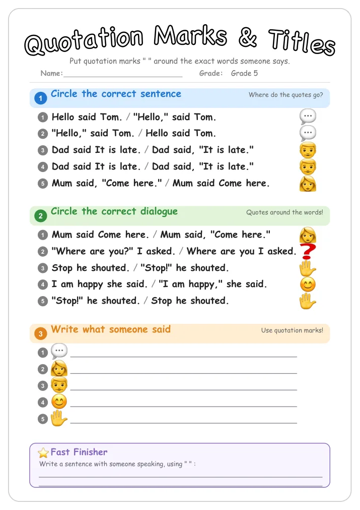 Quotation Marks & Titles grammar worksheet for Grade 5