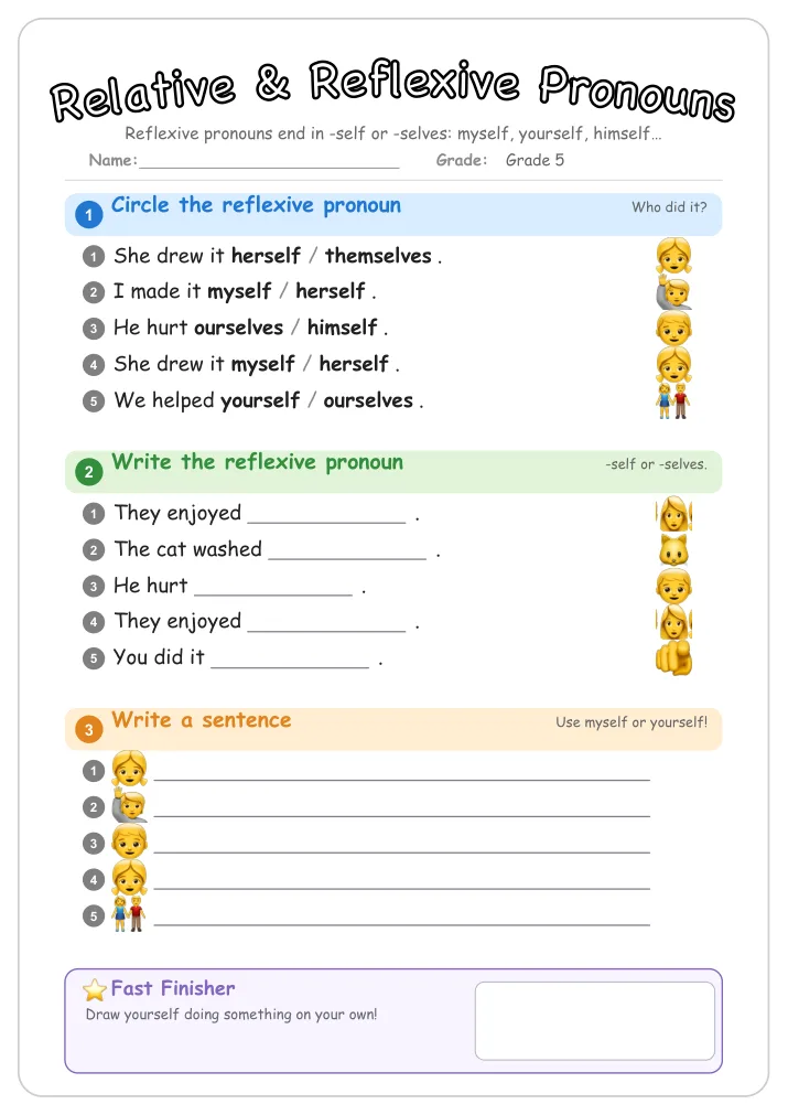 Relative & Reflexive Pronouns grammar worksheet for Grade 5