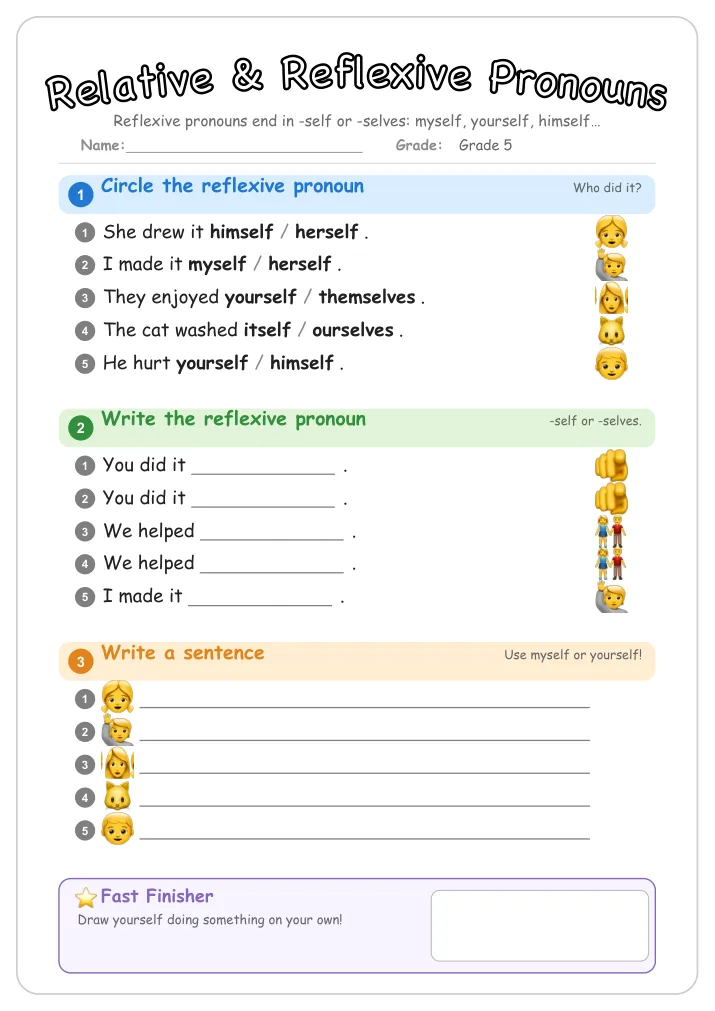 Relative & Reflexive Pronouns grammar worksheet for Grade 5