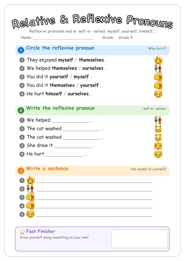 Relative & Reflexive Pronouns grammar worksheet for Grade 5