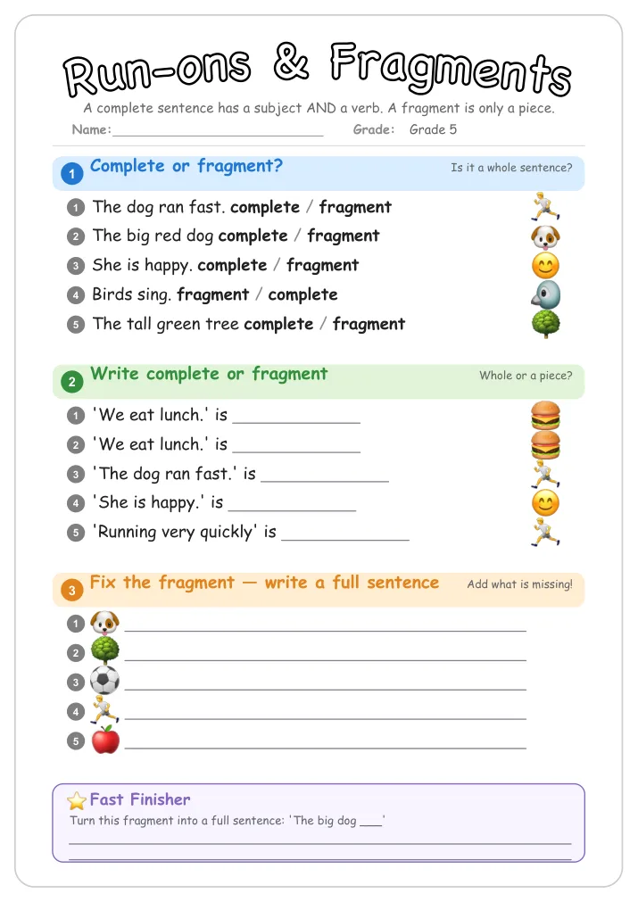 Run-ons & Fragments grammar worksheet for Grade 5