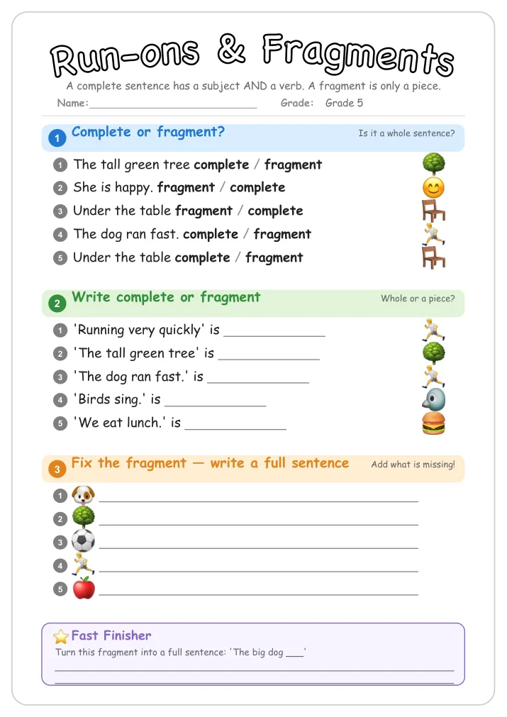 Run-ons & Fragments grammar worksheet for Grade 5