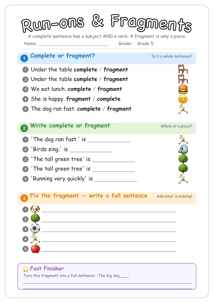 Run-ons & Fragments grammar worksheet for Grade 5