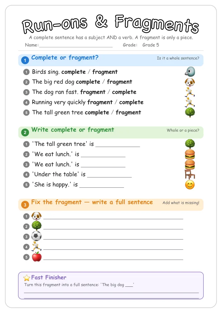 Run-ons & Fragments grammar worksheet for Grade 5