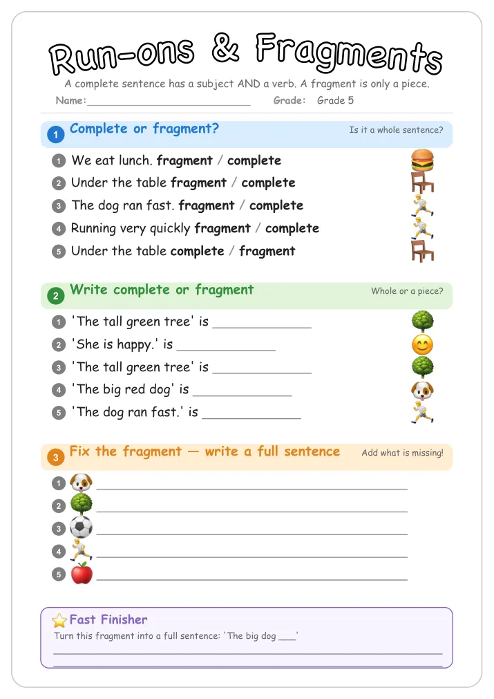 Run-ons & Fragments grammar worksheet for Grade 5