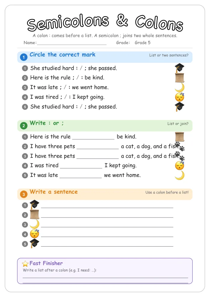 Semicolons & Colons grammar worksheet for Grade 5