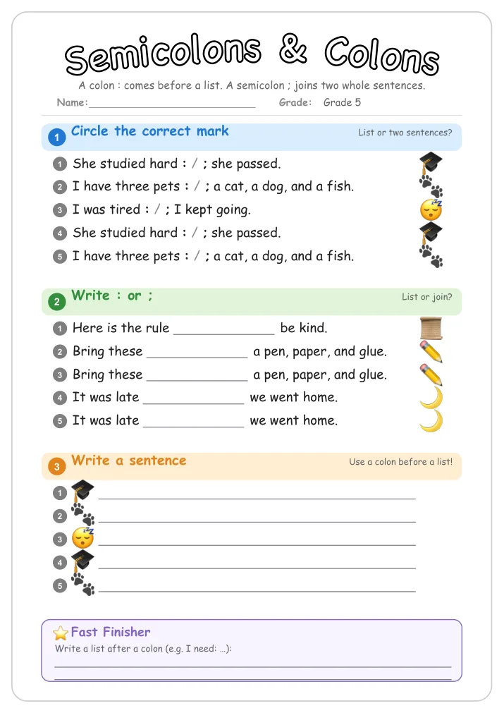 Semicolons & Colons grammar worksheet for Grade 5