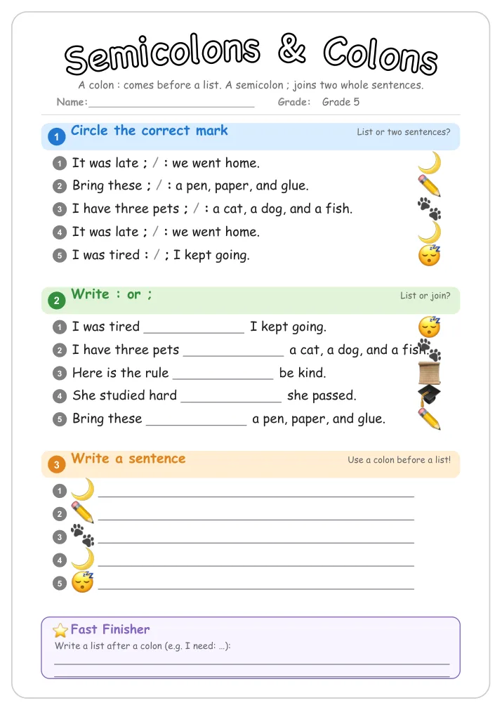 Semicolons & Colons grammar worksheet for Grade 5