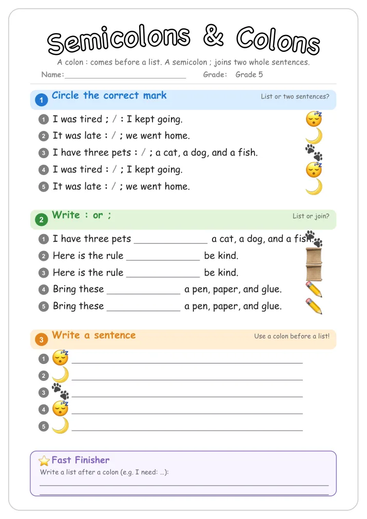 Semicolons & Colons grammar worksheet for Grade 5