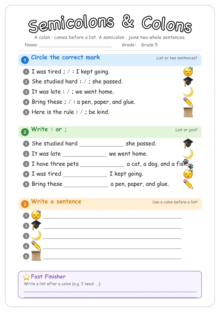 Semicolons & Colons grammar worksheet for Grade 5