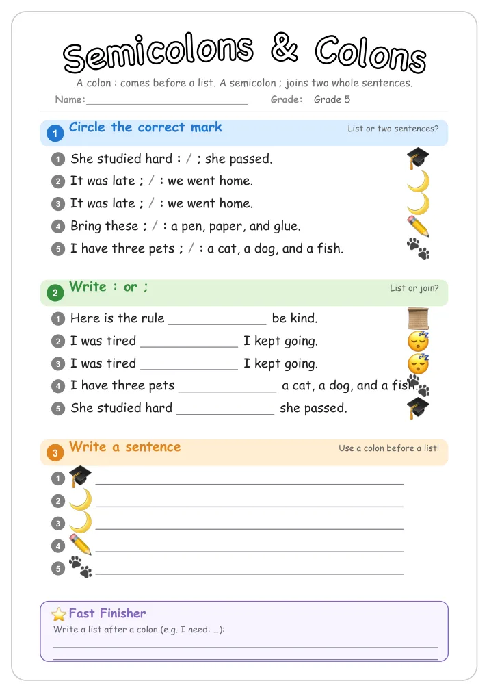 Semicolons & Colons grammar worksheet for Grade 5