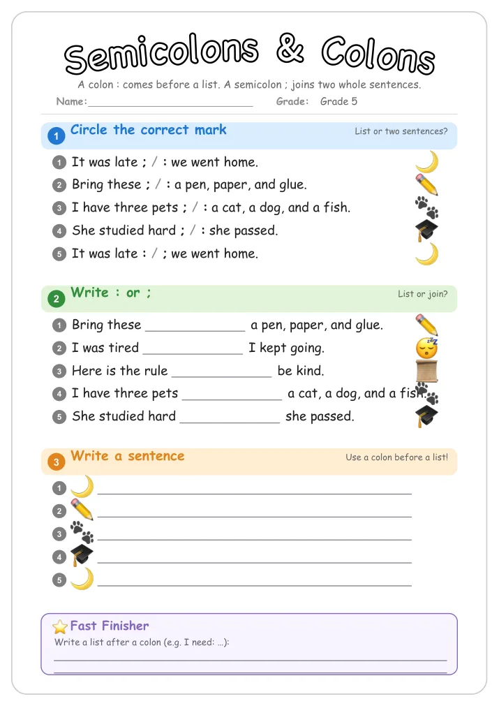 Semicolons & Colons grammar worksheet for Grade 5