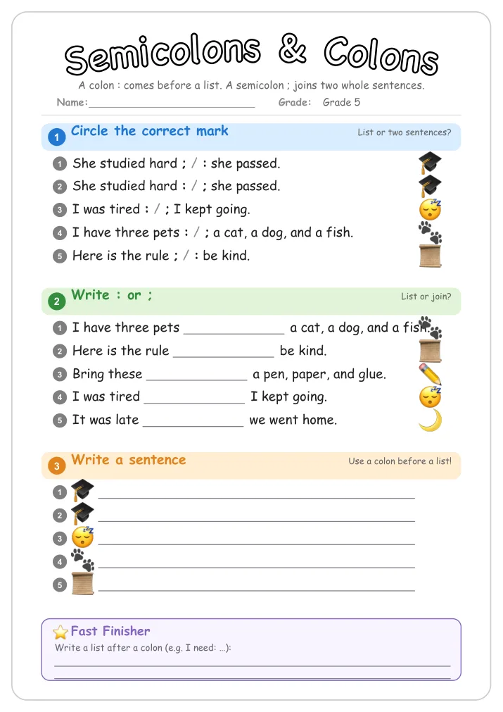 Semicolons & Colons grammar worksheet for Grade 5