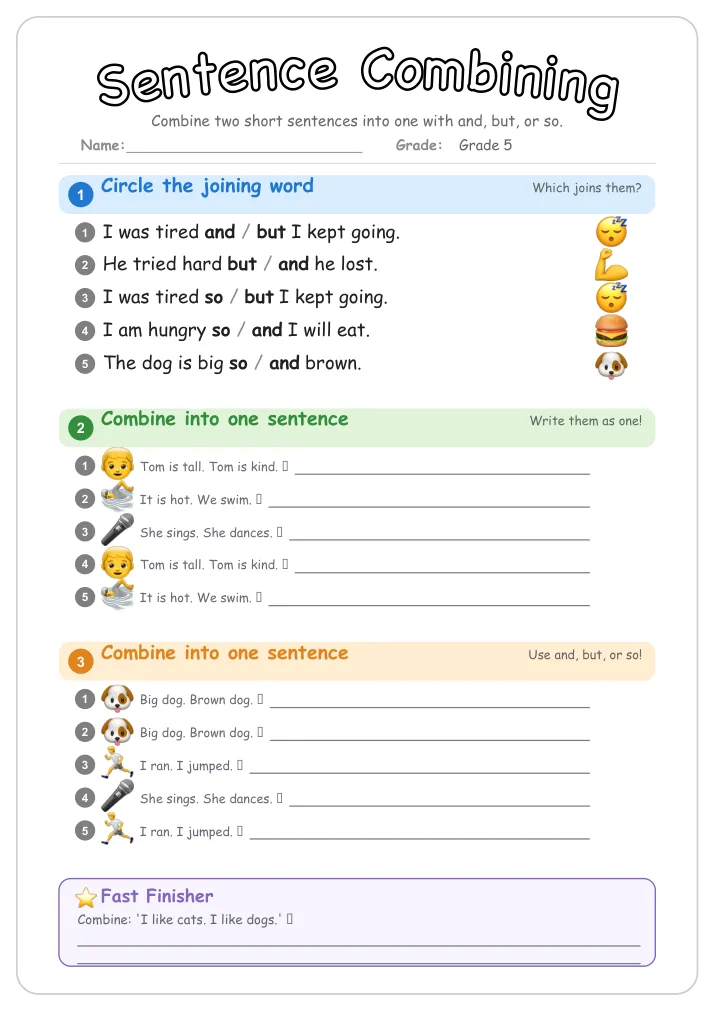 Sentence Combining grammar worksheet for Grade 5