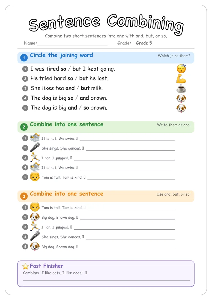 Sentence Combining grammar worksheet for Grade 5