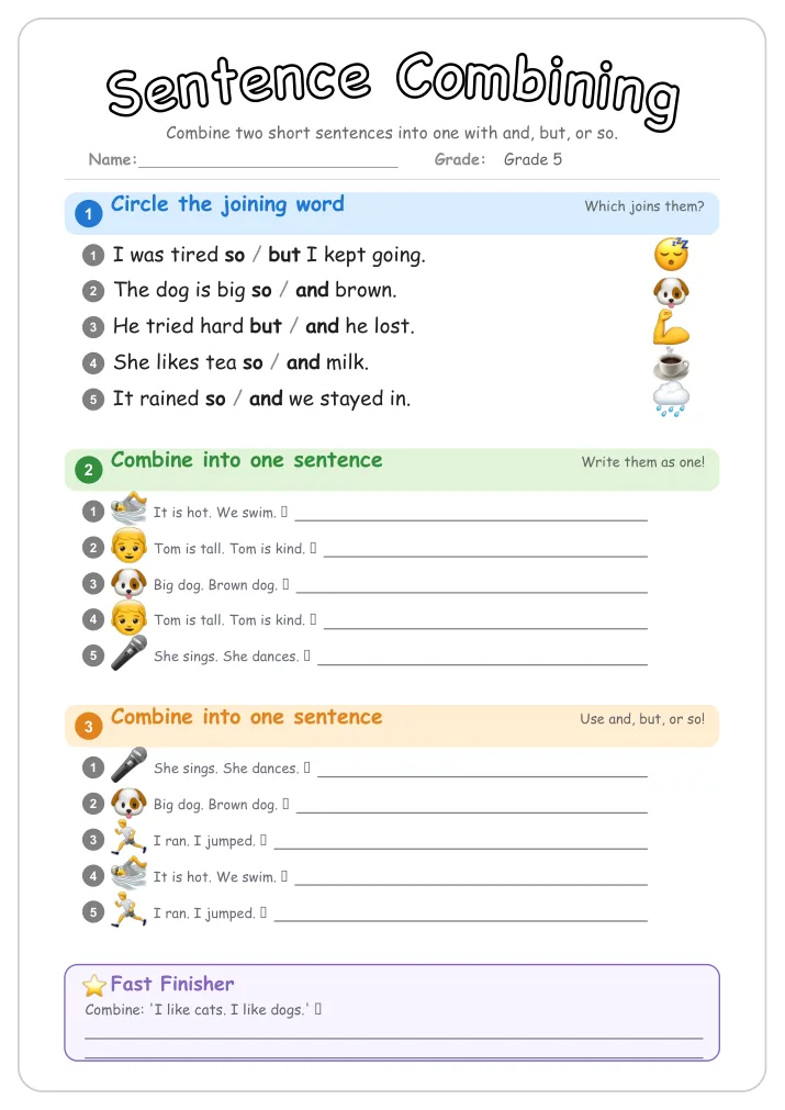Sentence Combining grammar worksheet for Grade 5