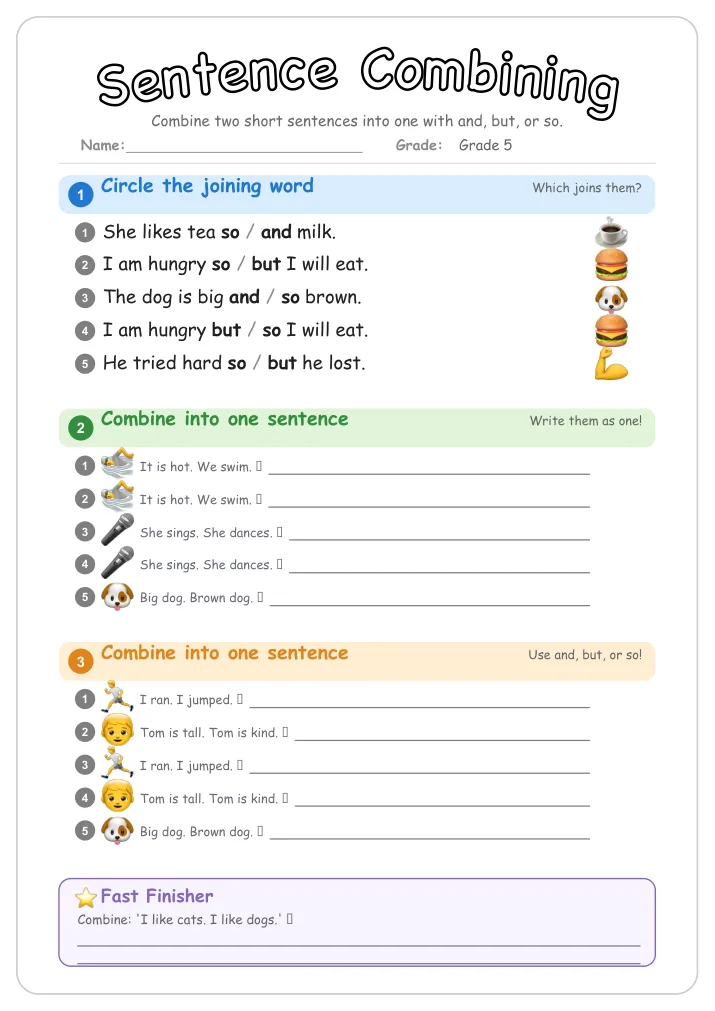 Sentence Combining grammar worksheet for Grade 5