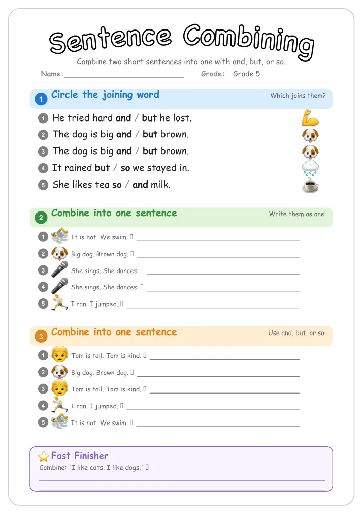 Sentence Combining grammar worksheet for Grade 5