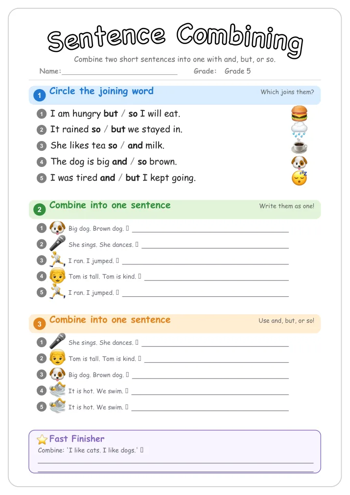 Sentence Combining grammar worksheet for Grade 5