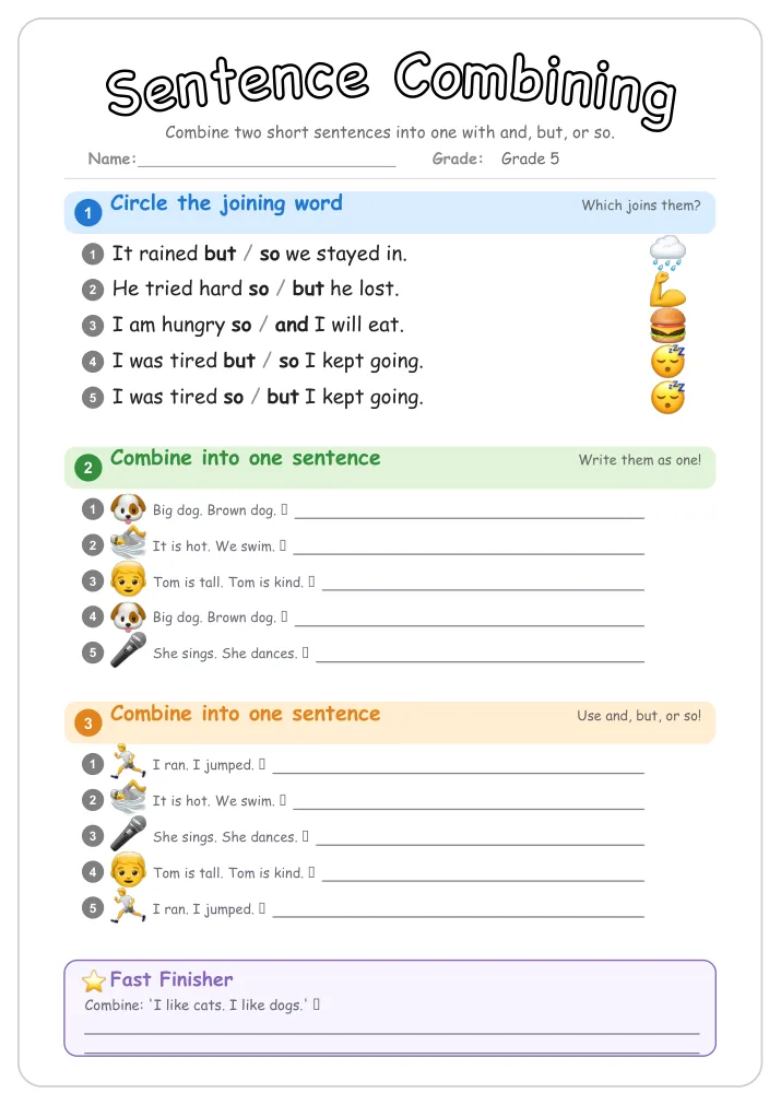 Sentence Combining grammar worksheet for Grade 5