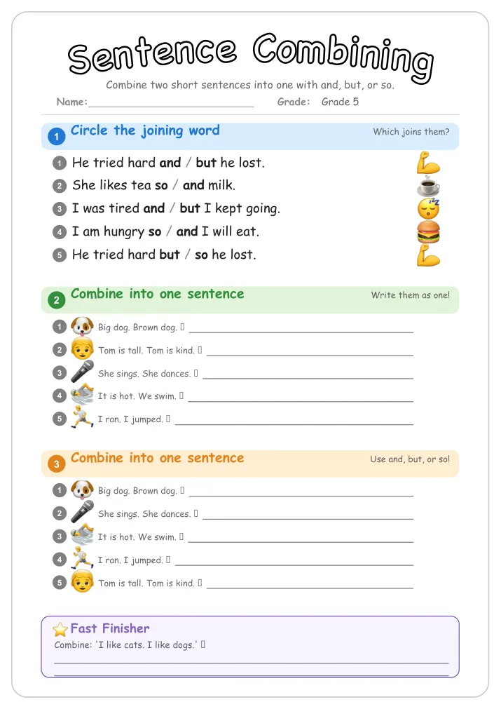 Sentence Combining grammar worksheet for Grade 5