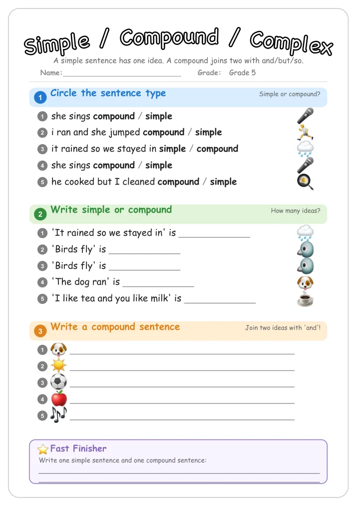 Simple / Compound / Complex grammar worksheet for Grade 5